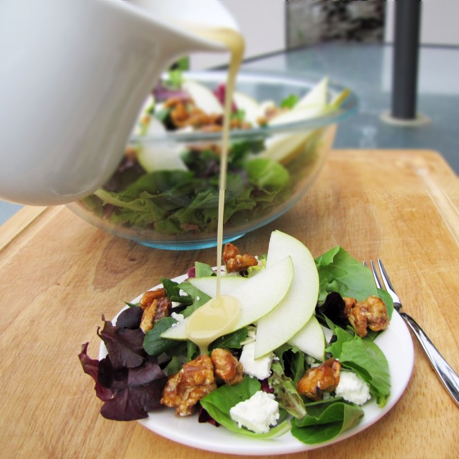 Pear and Feta Salad with the BEST Homemade Salad Dressing you will ever eat.  By Rumbly in my Tumbly