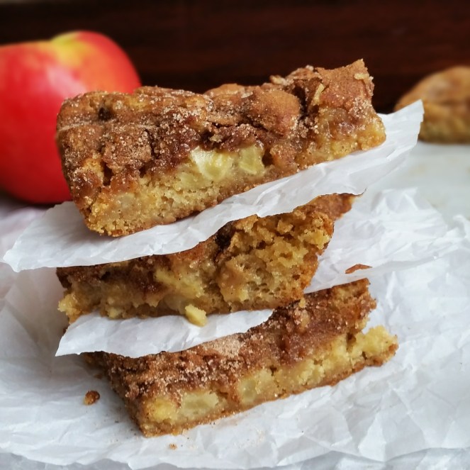 Apple Snickerdoodle Blondies by Rumbly in my Tumbly. A Hybrid between snickerdoodle cookies and apple pie.