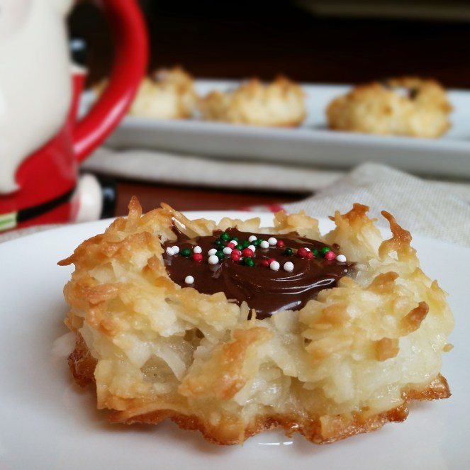 Chocolate Filled Coconut Macaroon Thumbprint Cookies by Rumbly in my Tumbly