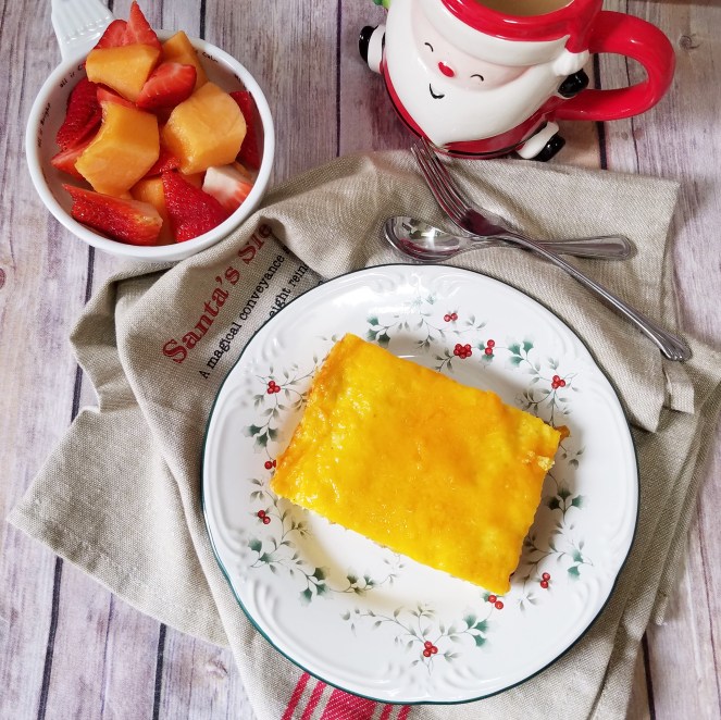 Mom's Overnight Make-Ahead Christmas Morning Breakfast Casserole with sausage, eggs, and cheese.