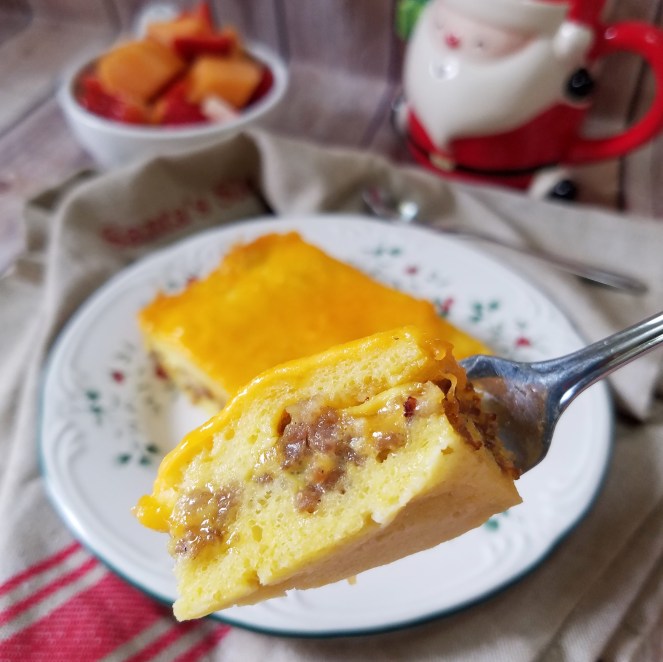 Mom's Overnight Make-Ahead Christmas Morning Breakfast Casserole with sausage, eggs, and cheese.
