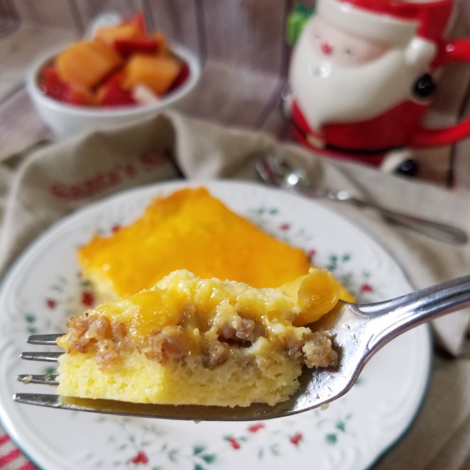 Mom's Overnight Make-Ahead Christmas Morning Breakfast Casserole with sausage, eggs, and cheese.