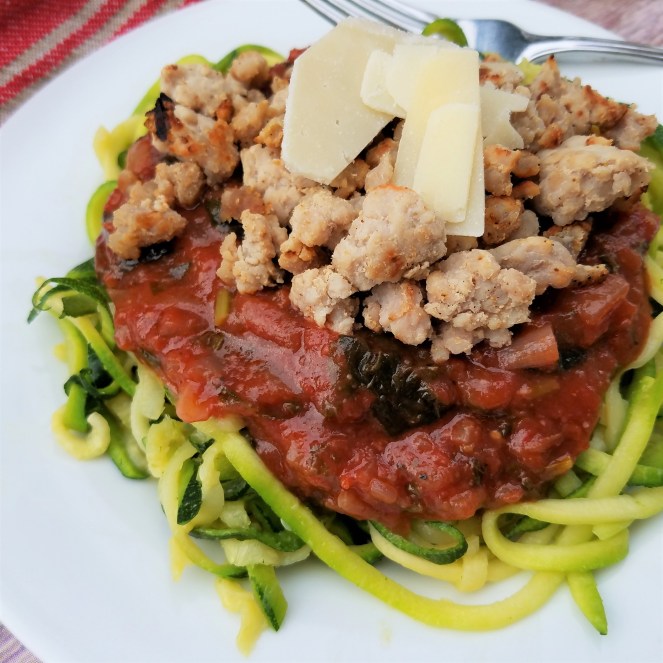 Spaghetti Marinara with Crispy Pork with zoodles or noodles